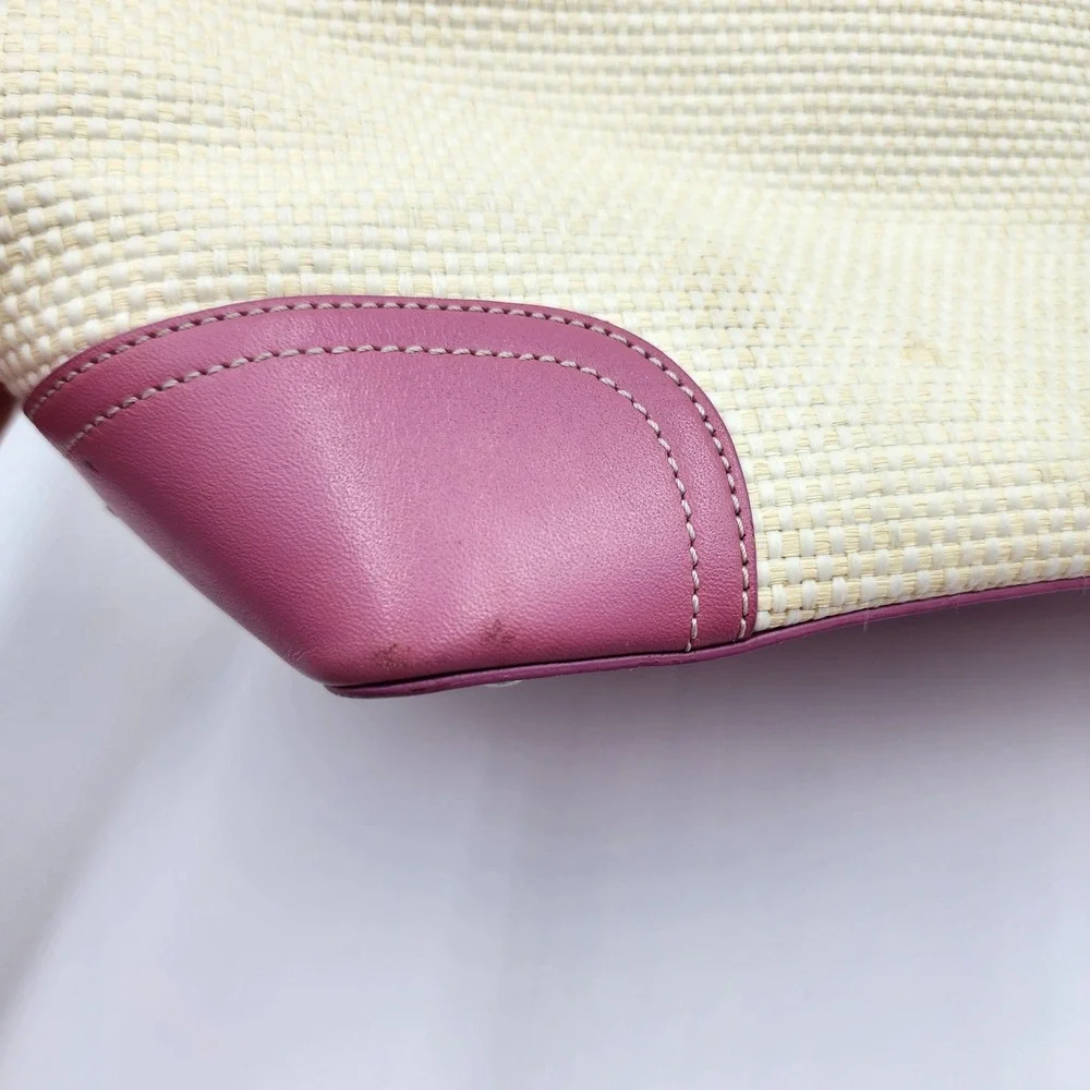 Y2K Coach Woven Straw Tote Bag Pink Leather Trim Buckle Preppy Shoulder Purse